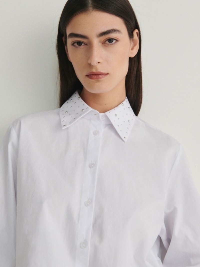 White Women\'s Reserved Decorative Collar Shirts | 49578STJM