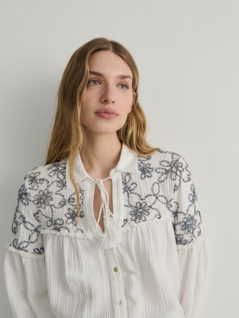 White Women's Reserved Decorative Embroidery Shirts | 98451ALFM