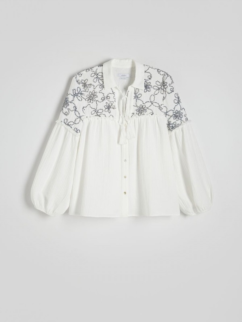 White Women's Reserved Decorative Embroidery Shirts | 98451ALFM