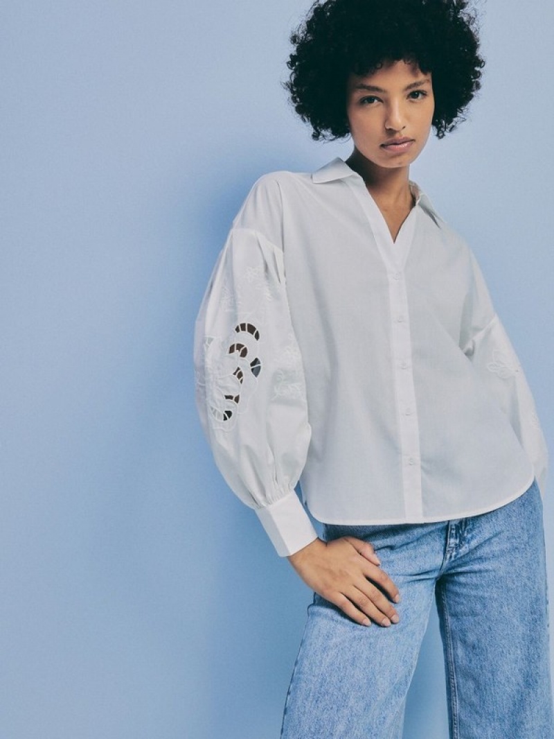 White Women's Reserved Decorative Sleeves Shirts | 25197SVBC