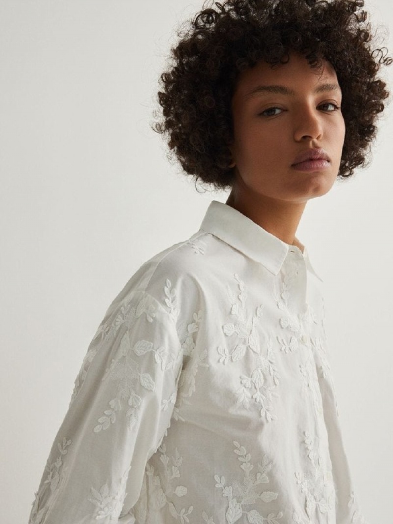 White Women's Reserved Embroidery Shirts | 84536WURT