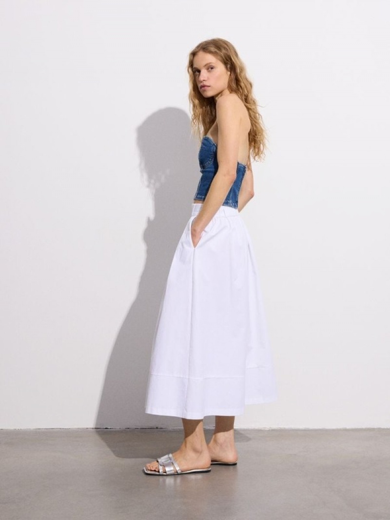 White Women's Reserved Flared Midi Skirts | 72831DWZL