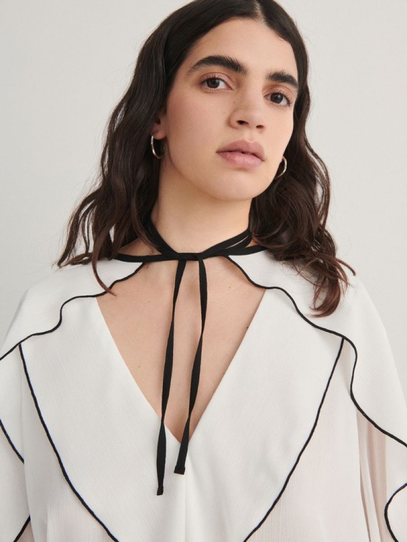 White Women's Reserved Frill Detail Shirts | 28075WUIP