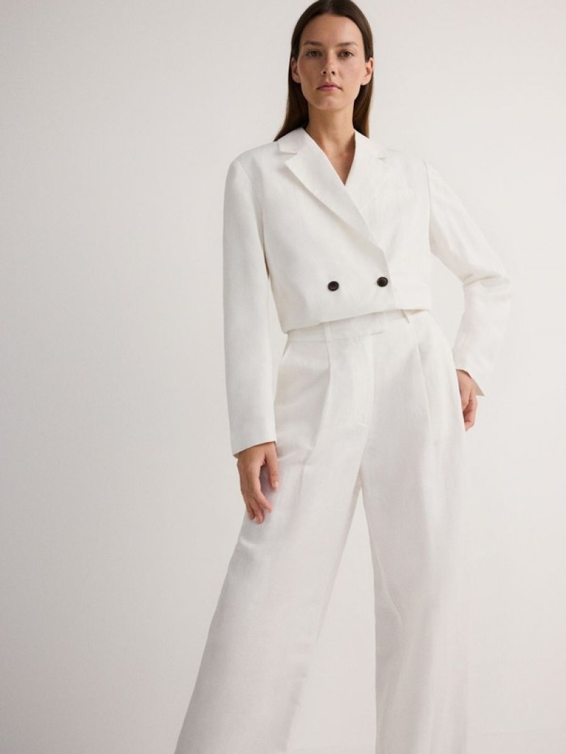 White Women's Reserved Linen And Viscose Blend Trousers | 34197BZKQ