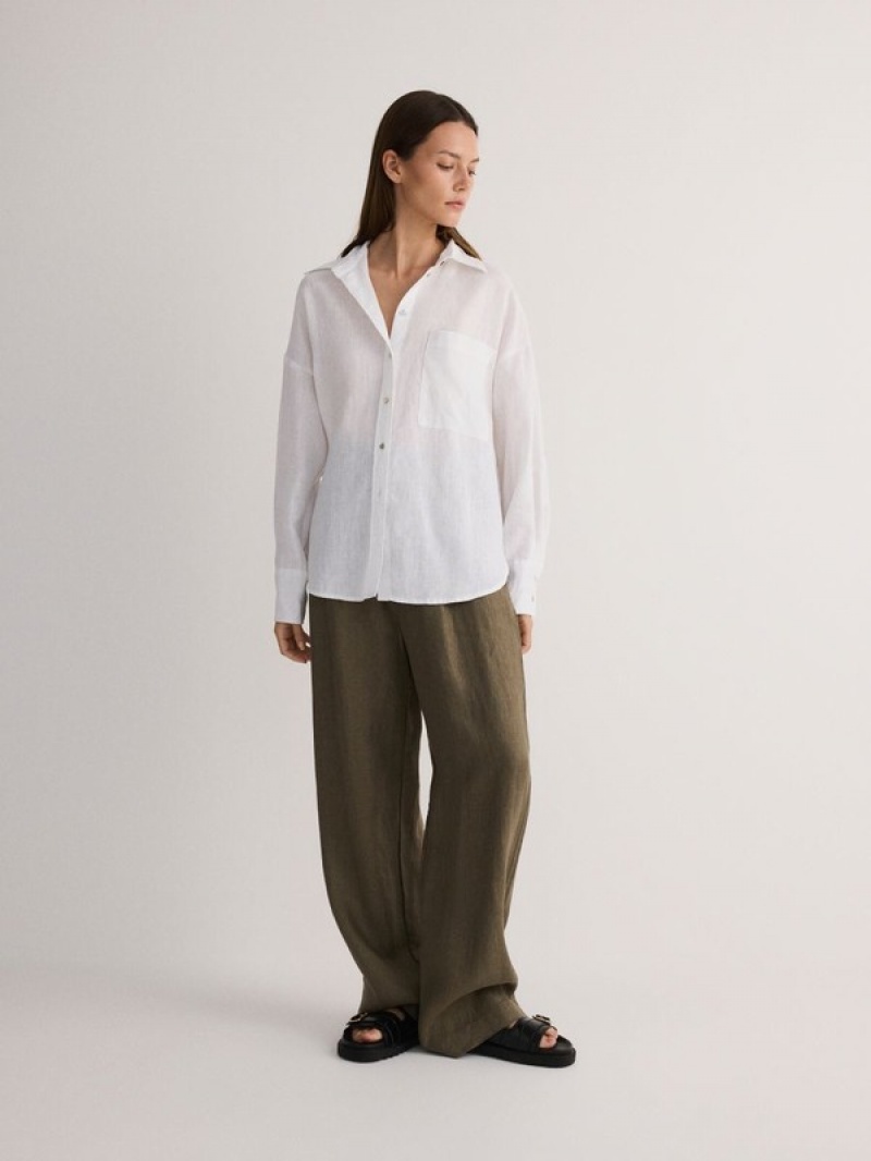 White Women's Reserved Linen Shirts | 54801KMQJ