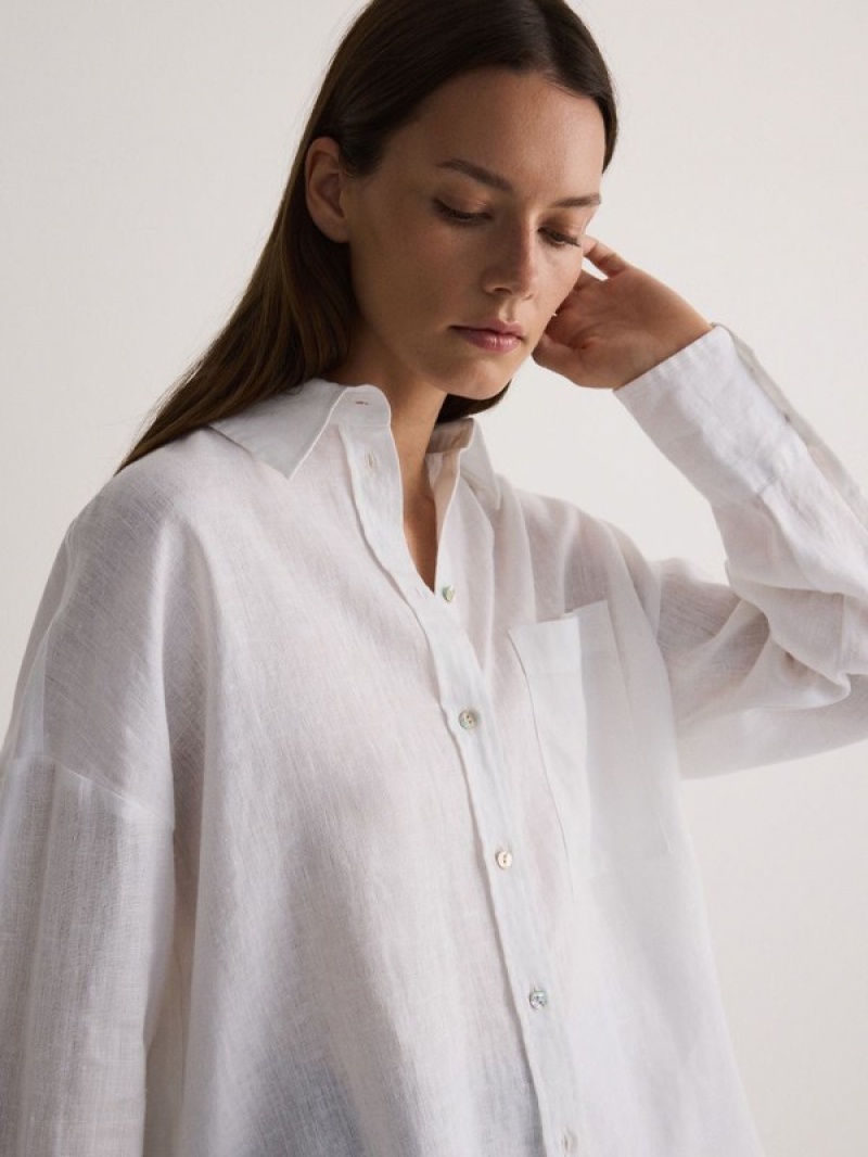 White Women's Reserved Linen Shirts | 54801KMQJ