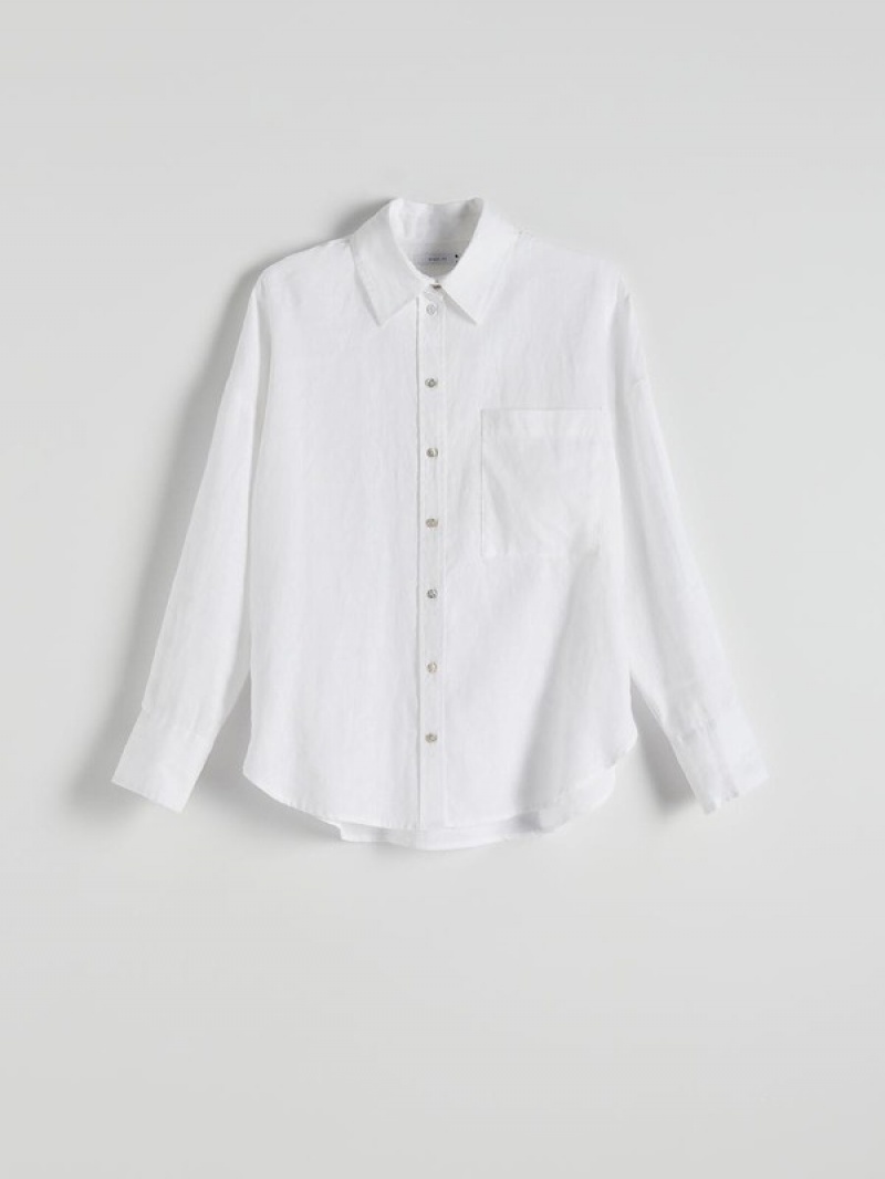 White Women's Reserved Linen Shirts | 54801KMQJ