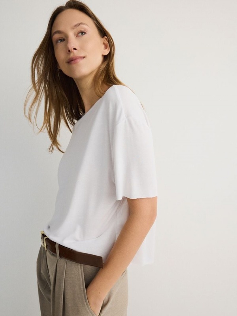 White Women's Reserved Modal Blend T-shirts | 61495RQDX