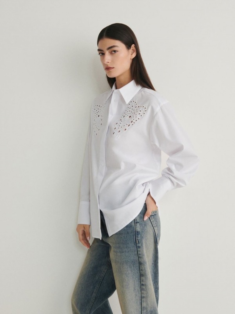 White Women's Reserved Openwork Inserts Shirts | 53807VPNH