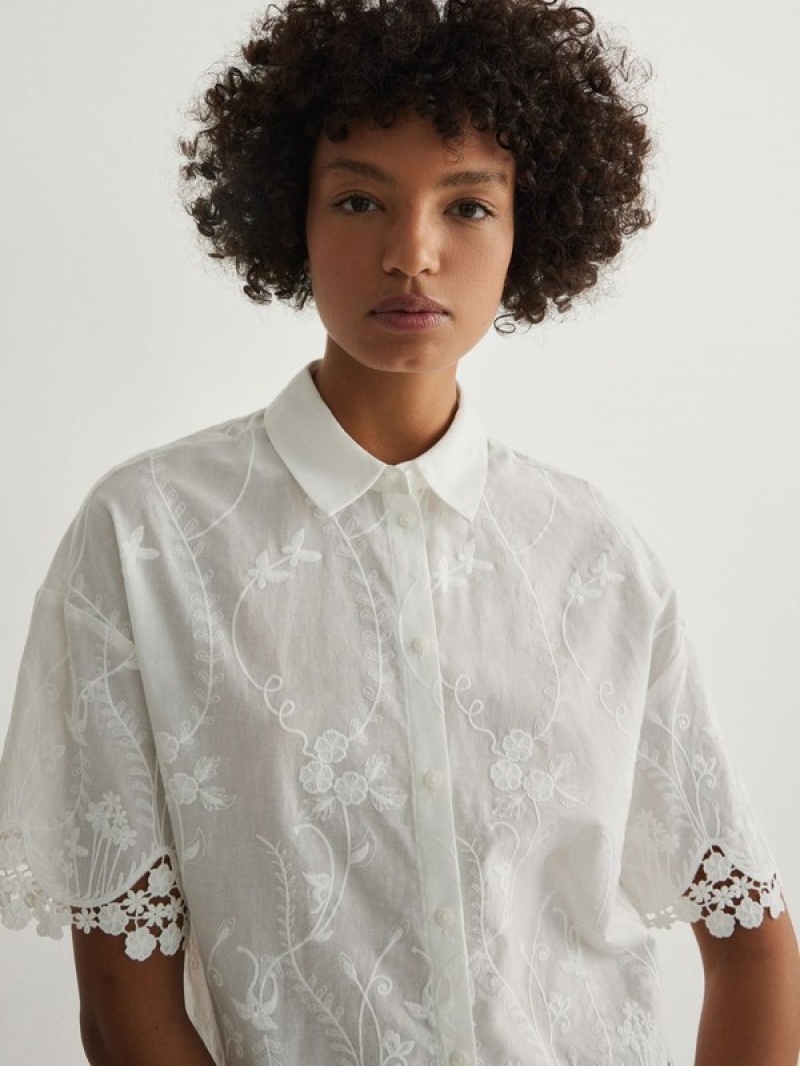 White Women's Reserved Openwork Pattern Shirts | 87502NURK