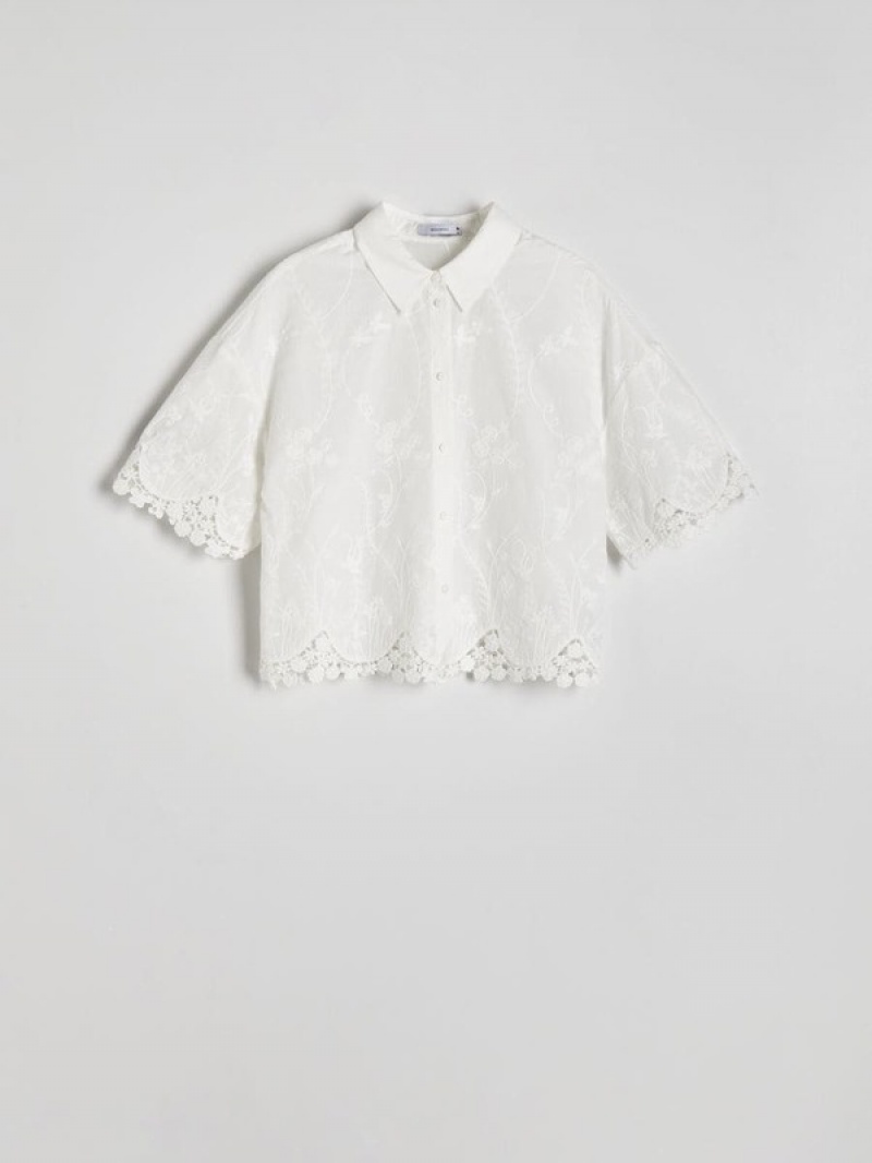 White Women's Reserved Openwork Pattern Shirts | 87502NURK