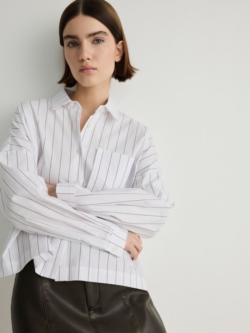 White Women's Reserved Oversized Stripe Shirts | 16598QDJV