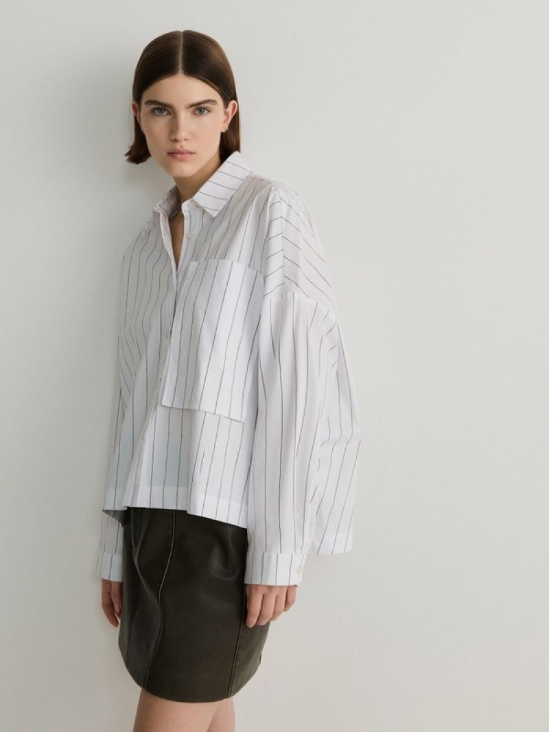 White Women\'s Reserved Oversized Stripe Shirts | 16598QDJV