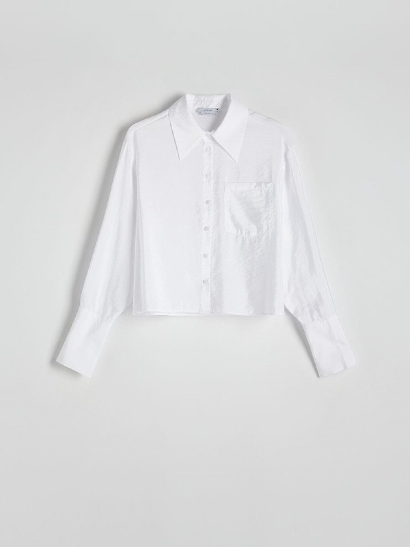 White Women's Reserved Shimmer Fabric Shirts | 07562NGPO