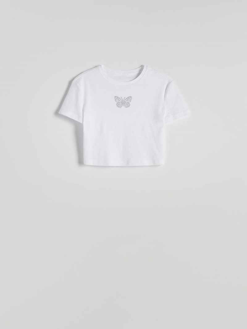 White Women's Reserved T-appliqué T-shirts | 68072XKZN