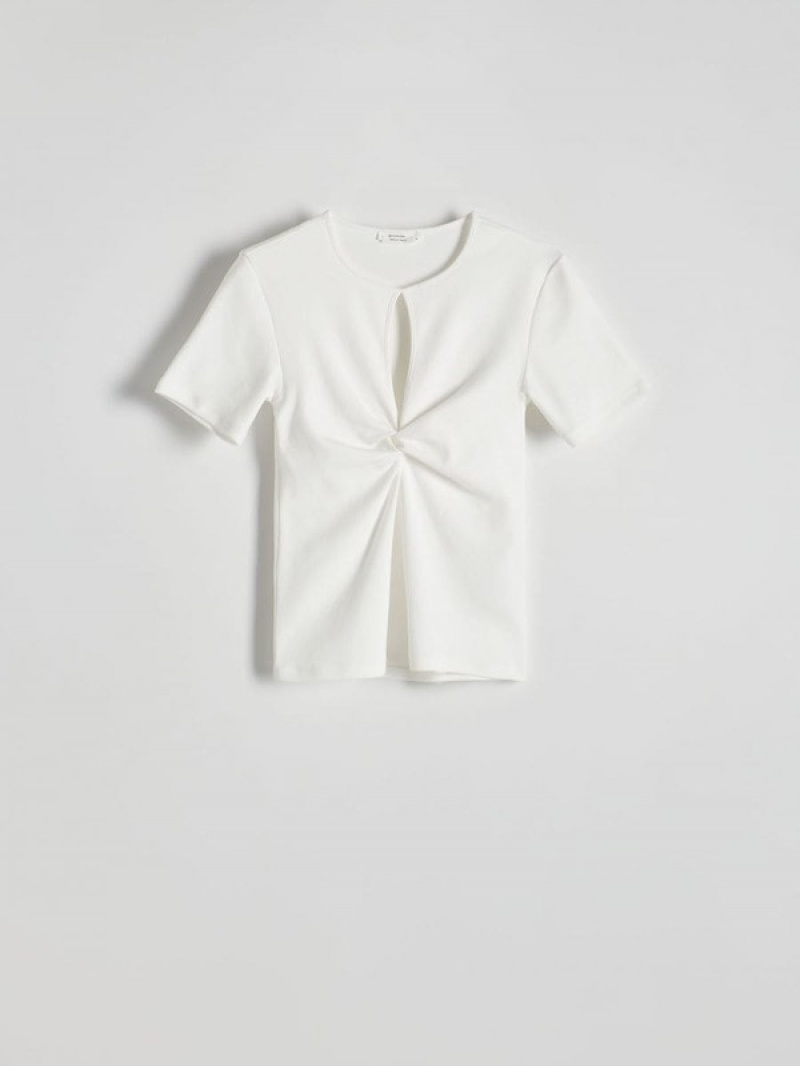 White Women's Reserved T-cut-out Neckline Detail Shirts | 67153FVPK