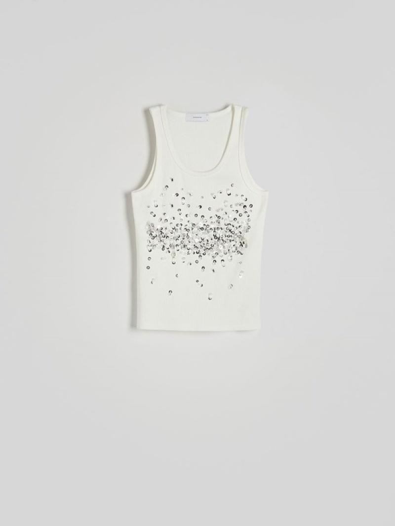 White Women's Reserved Topshiny Appliqués T-shirts | 51064TGDF